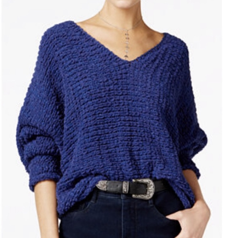 Free People Oversized Blue Knit V-Neck Sweater Size L